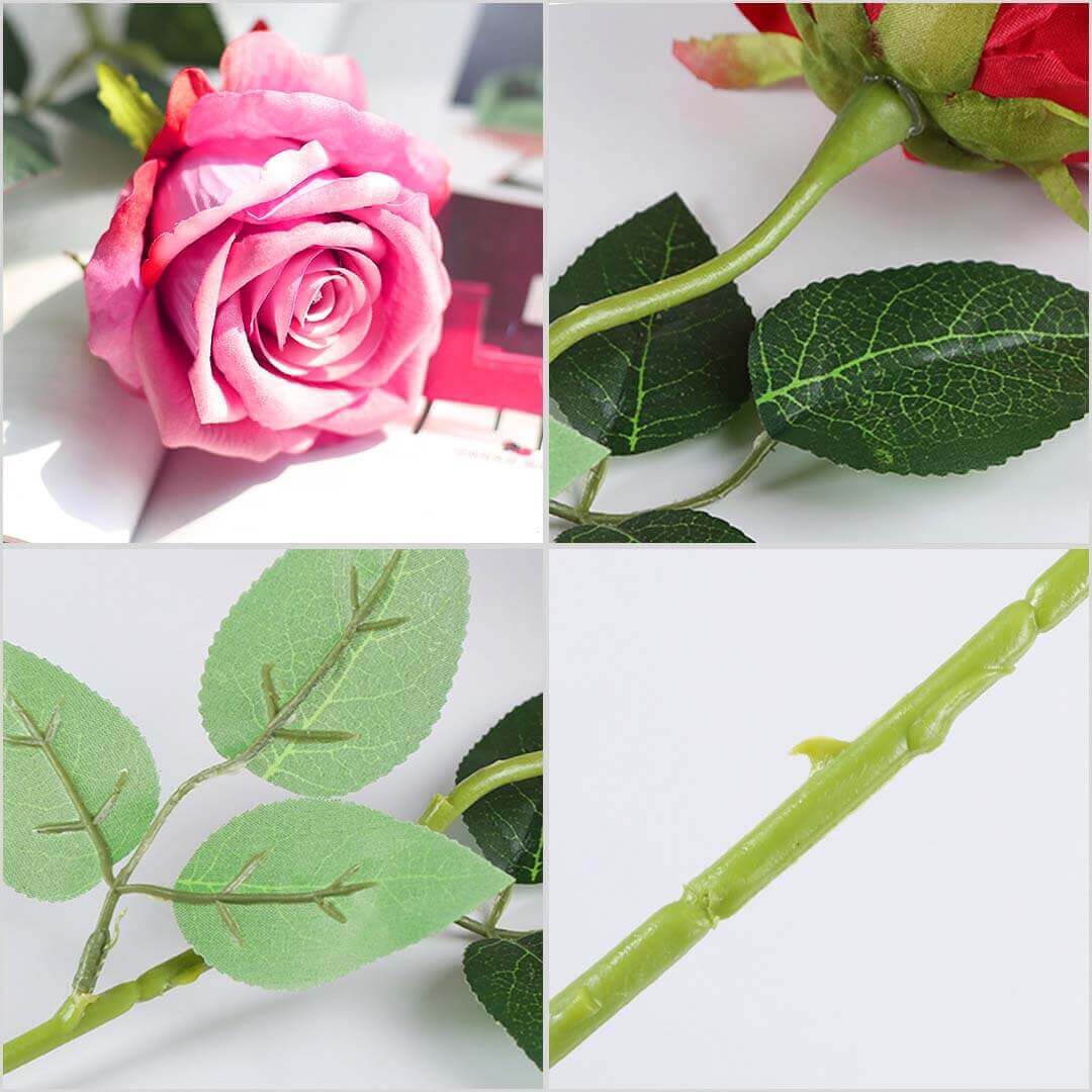 Close-up images of a pink artificial rose flower, green leaves, and stem showcasing details and quality.