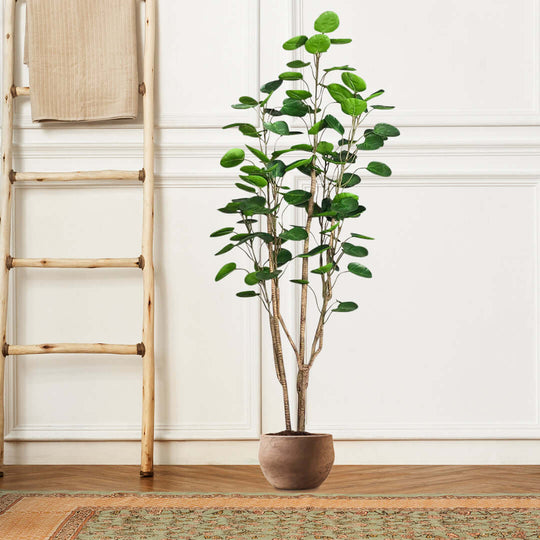 Affordable quality homeware - potted artificial plant enhancing the decor of a stylish room with a wooden ladder and a green rug.