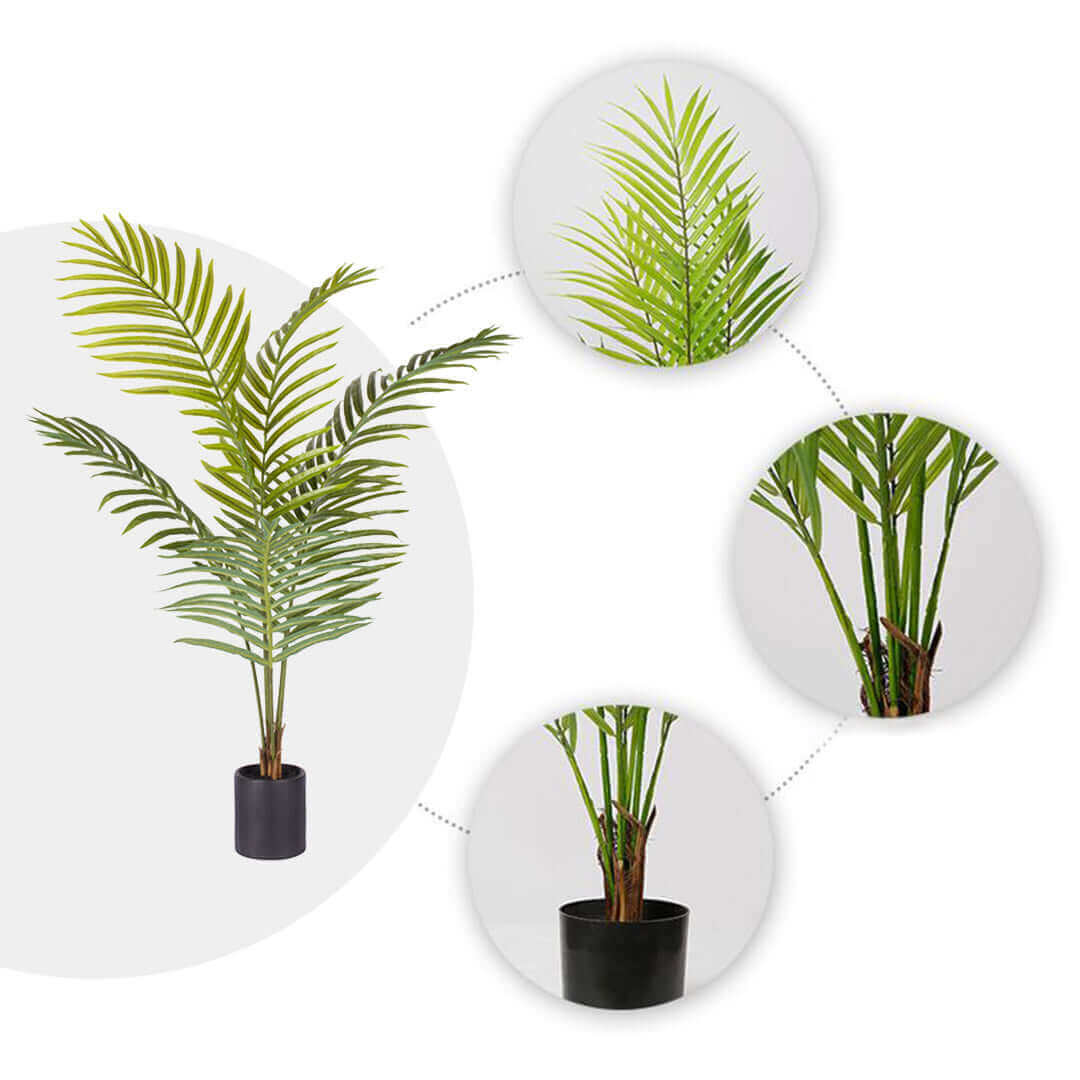 Affordable quality faux palm plant in black pot, detailed view of leaves and stems, perfect homeware and value furniture accent.