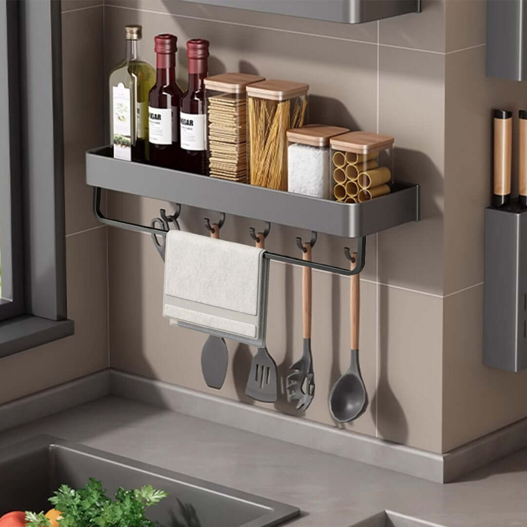 Modern kitchen rack with affordable homeware; neatly organizing quality spices, utensils, and containers, bringing value furniture into your kitchen.