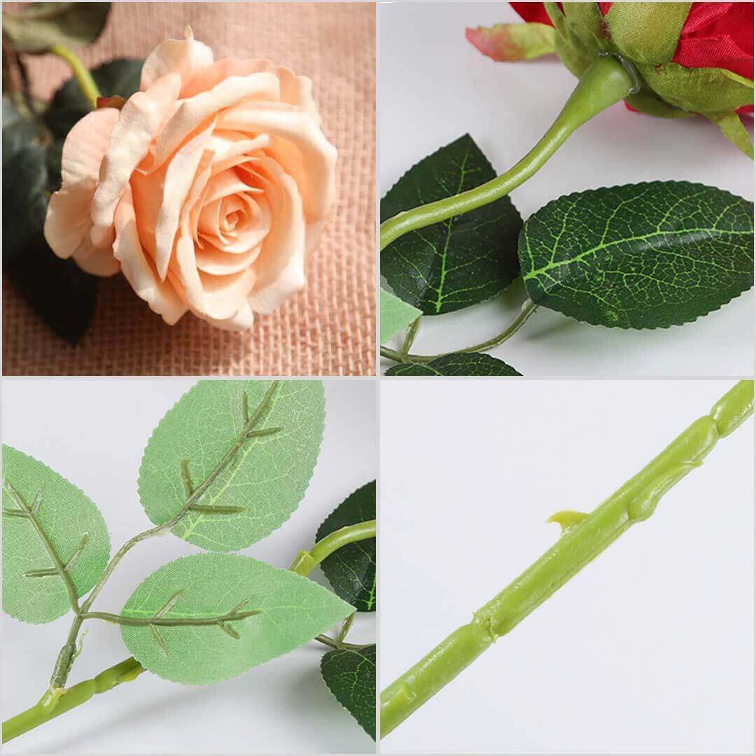 Close-up of artificial roses showcasing detailed petals, leaves, and stems. Affordable homewares, quality, and value furniture decor.