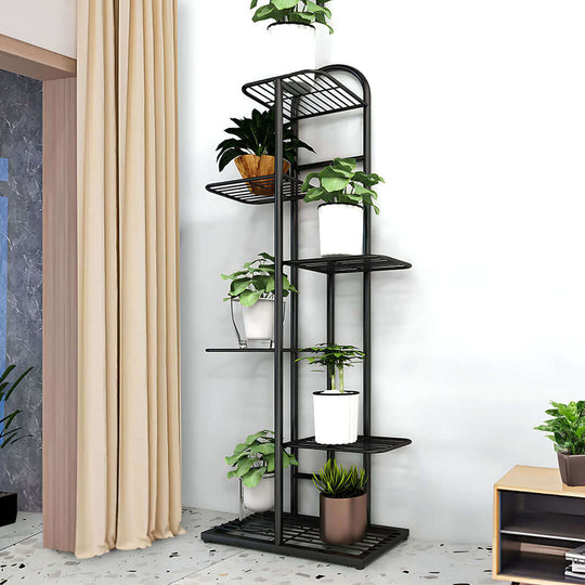 Affordable quality homewares and value furniture - sleek black metal plant stand with multiple shelves for indoor plants.