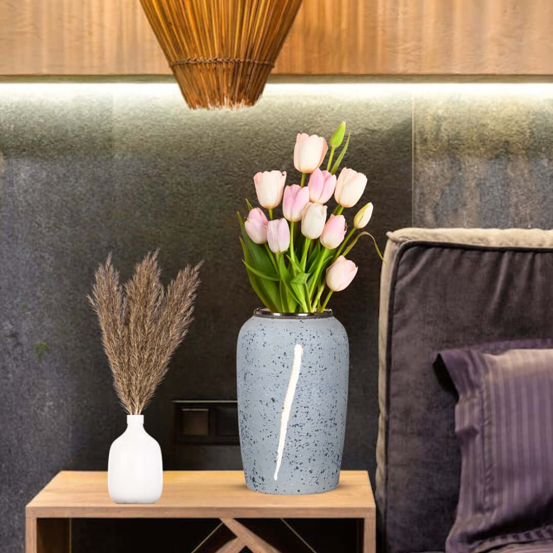 Modern home interior featuring affordable quality vase with pink tulips on value furniture showcasing stylish homewares.