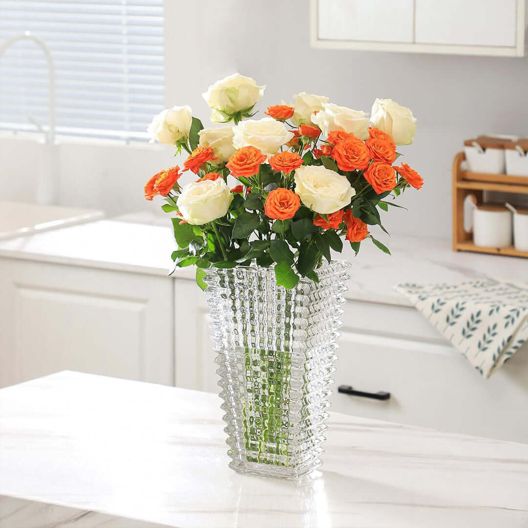 Elegant crystal vase with white and orange roses, perfect for affordable, quality homewares and value furniture decor.