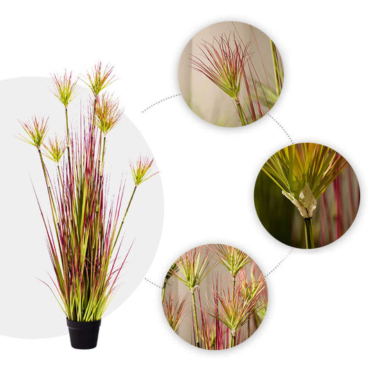 Artificial tall grass in black pot with close-up views of detailed, vibrant green and red foliage for affordable homewares and quality value furniture