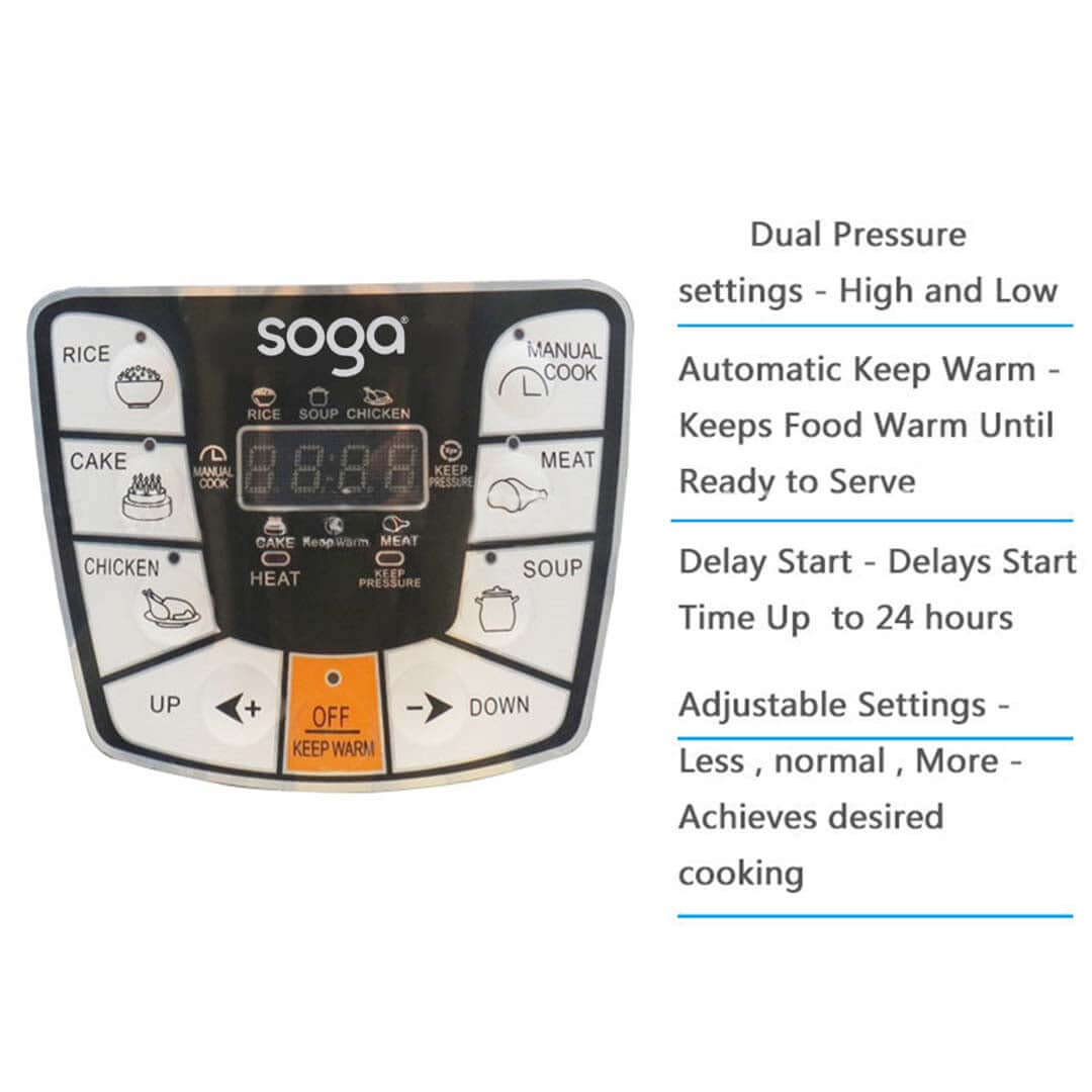 Soga pressure cooker control panel with dual pressure settings, automatic keep warm, delay start up to 24 hours, and adjustable cooking settings