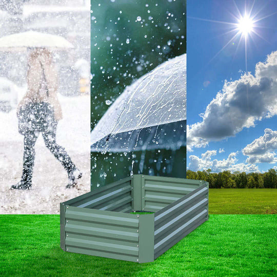 Weather-resistant garden bed displayed against backdrop of rain, umbrella, and sunny skies on a grassy field.