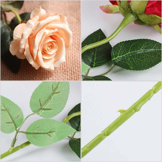 Artificial rose flower with green leaves and stem, showcasing detailed and realistic design for quality homewares and value furniture decor.