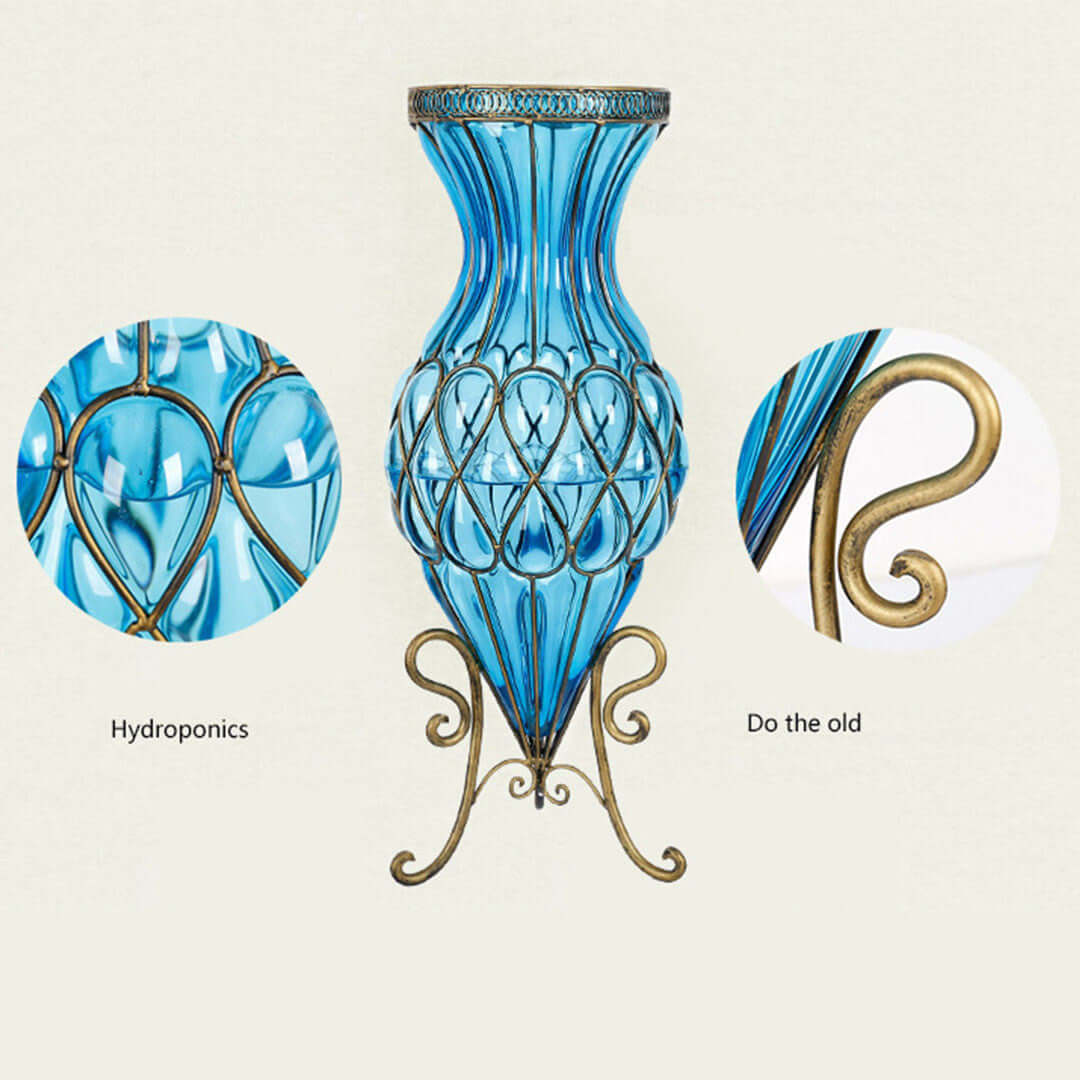 Blue hydroponic vase with intricate metal detailing and vintage stand - affordable homewares, quality value furniture.