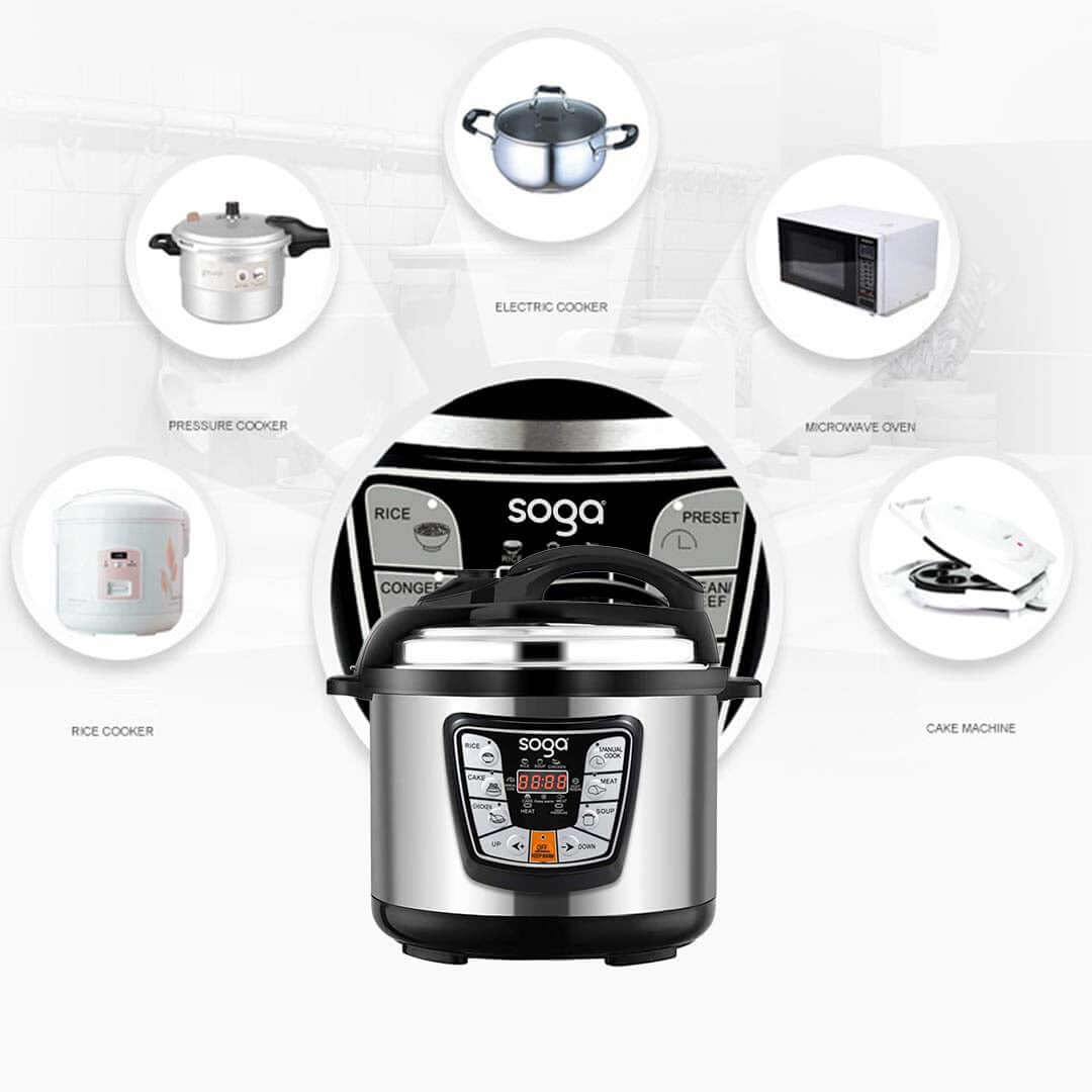 SOGA multi-functional electric cooker with pressure cooker, rice cooker, microwave oven, and cake machine features.