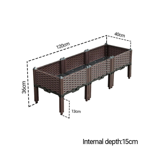 Affordable quality homewares value furniture, 3-compartment brown wicker planter box with measurements 120cm x 40cm x 36cm.