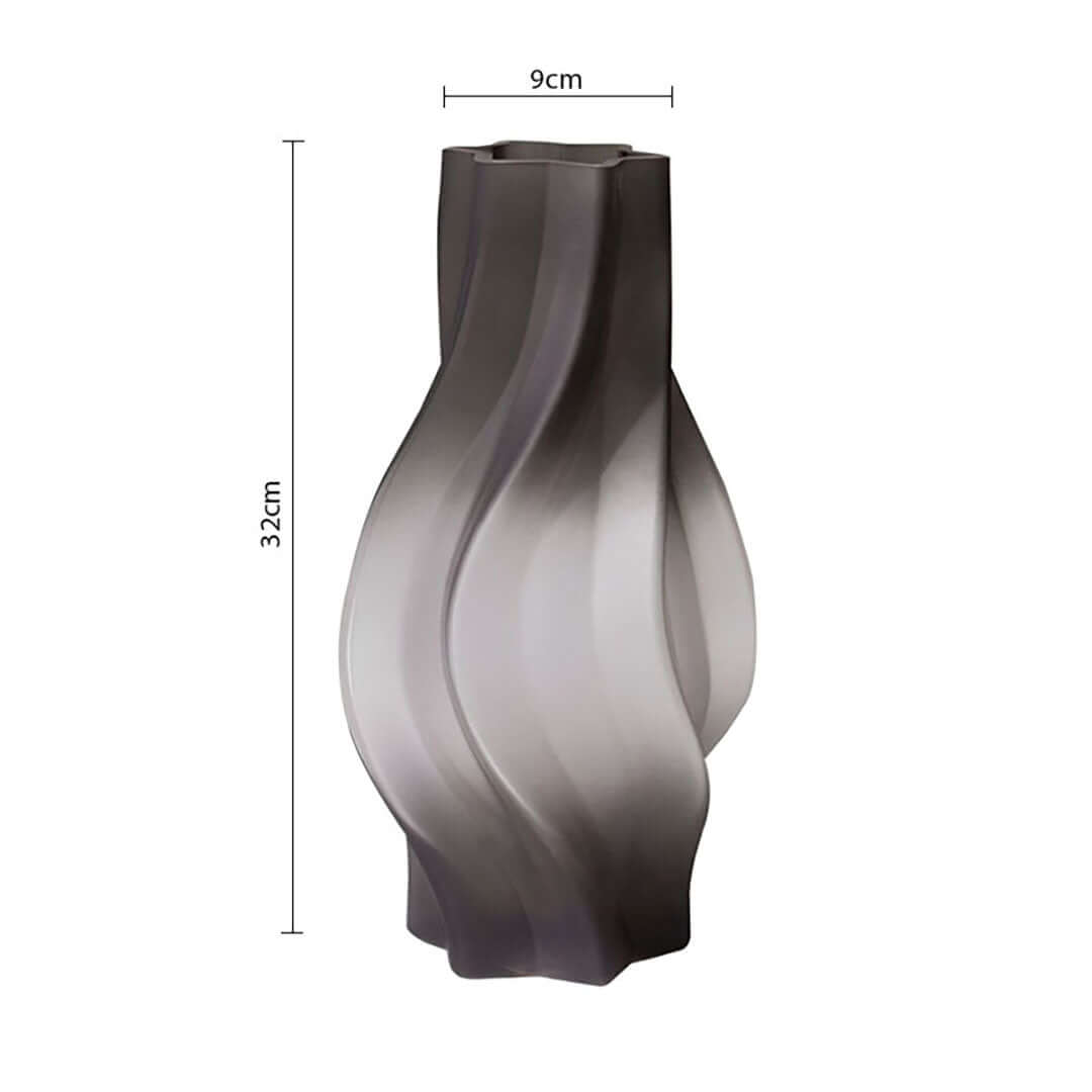 Elegant smoky-gray vase with wave design, 32cm tall, 9cm wide. Affordable homewares for quality and value furniture decor.