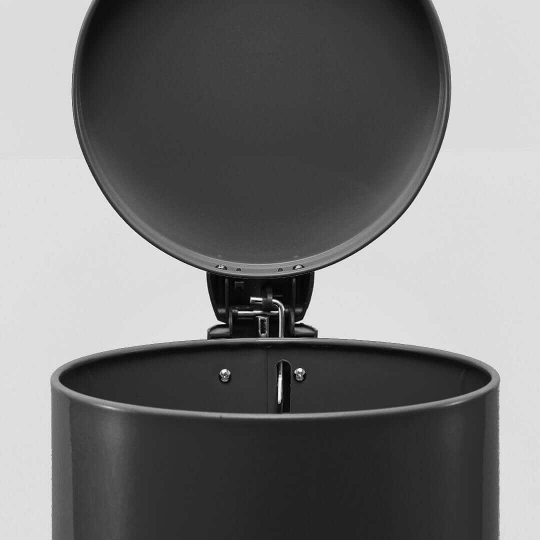 Affordable homeware black metal trash can with open lid, showcasing quality and value furniture for any modern home.