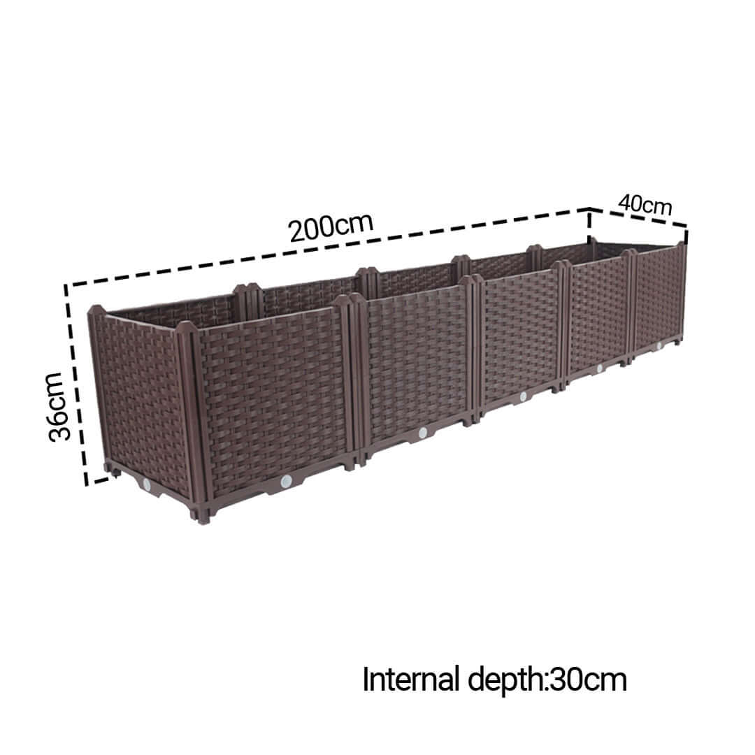 Brown rectangular woven planter box with dimensions of 200cm length, 40cm width, and 36cm height, internal depth 30cm.