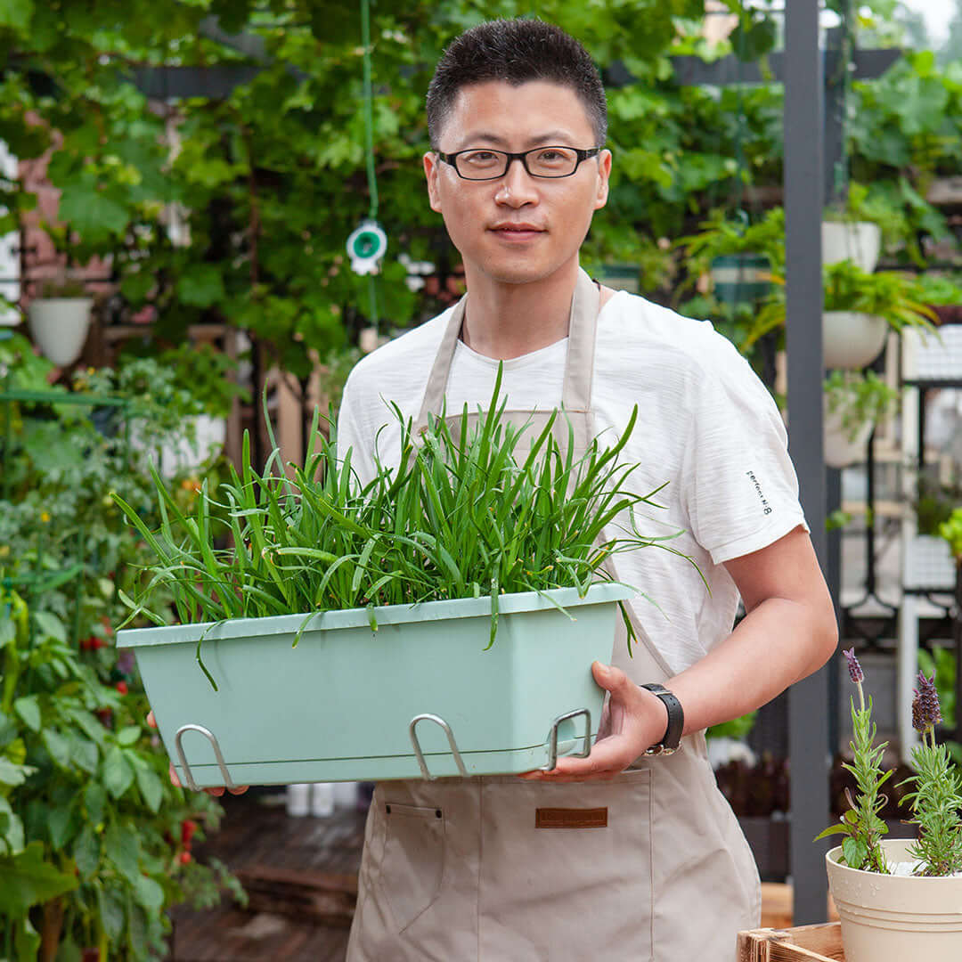 A person holding a planter filled with lush green plants in a garden setting.