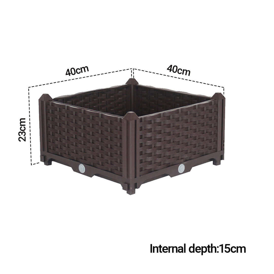 Brown woven planter box with dimensions 40cm x 40cm x 23cm and internal depth 15cm, ideal for affordable homewares and value furniture.