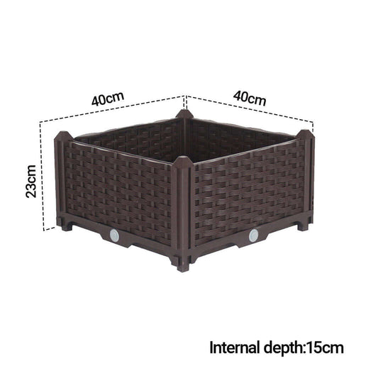 Brown woven planter box with dimensions 40cm x 40cm x 23cm and internal depth 15cm, ideal for affordable homewares and value furniture.