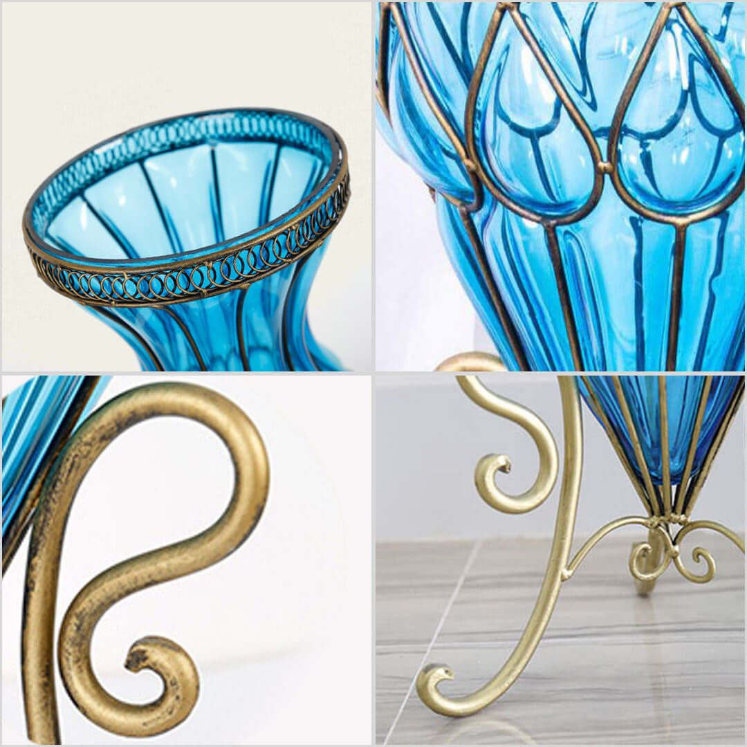 Elegant blue glass vase with intricate detailing and stylish gold accents, showcasing quality and affordable homewares for value furniture.