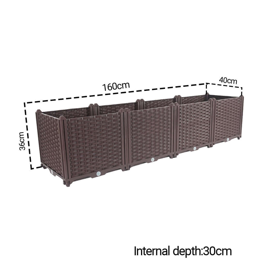 Affordable quality value furniture brown rattan planter box with dimensions 160cm x 40cm x 36cm, internal depth of 30cm.