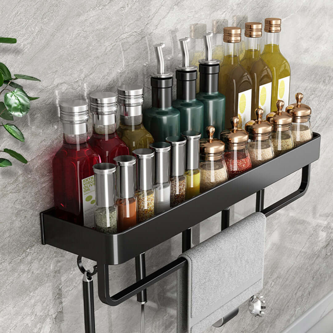 Wall-mounted kitchen rack with colorful bottles and spice jars, showcasing affordable and quality homewares for value furniture.