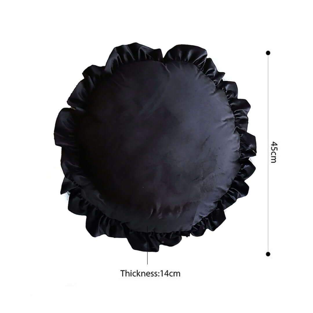 Black round cushion with ruffled edges, 45cm diameter, 14cm thickness, quality affordable homeware furniture.