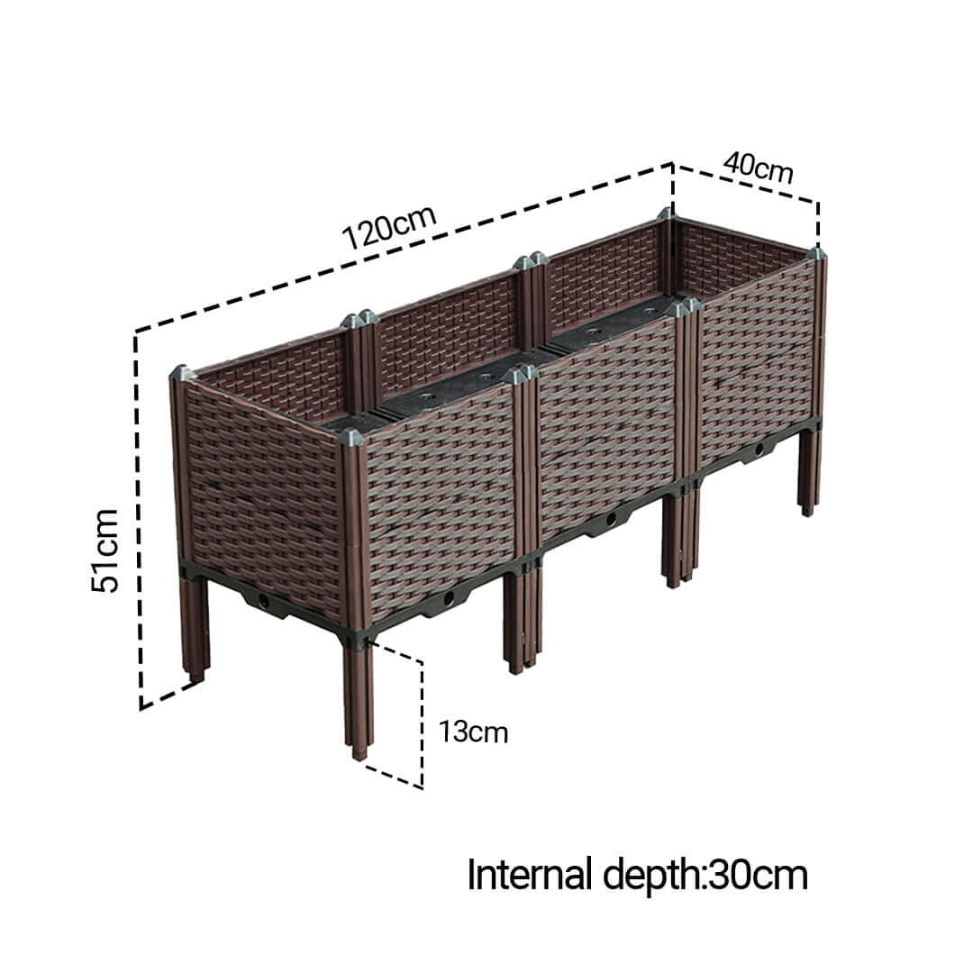 Affordable quality value furniture - brown woven planter box with dimensions: 51cm height, 120cm width, 40cm depth, 30cm internal depth, and 13cm leg height.