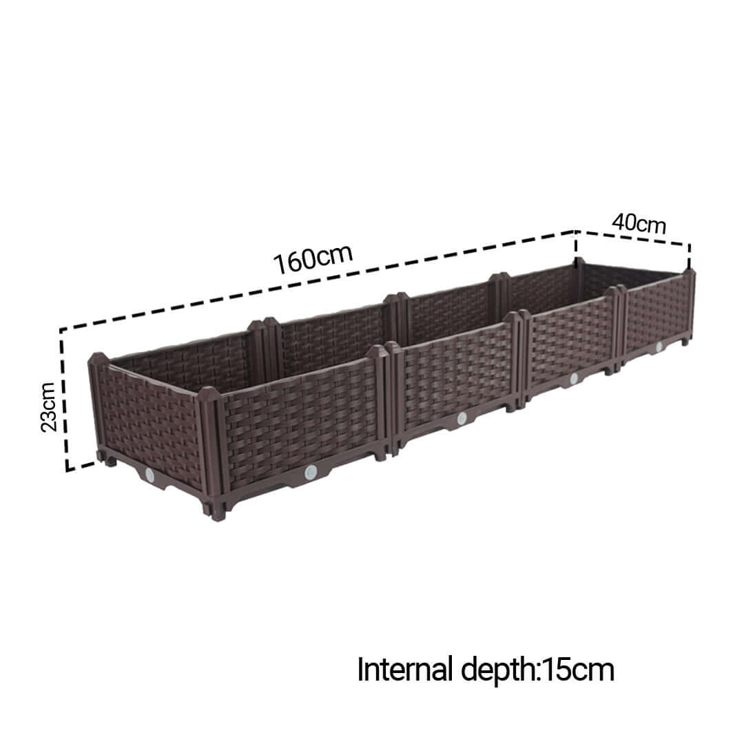 Affordable large brown planter box with measurements 160cm length, 40cm width, 23cm height, and 15cm internal depth for quality homewares.