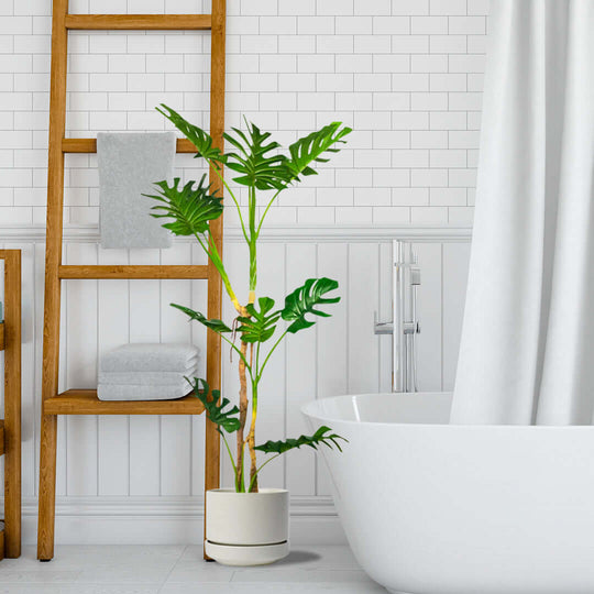 Modern bathroom with a stylish white bathtub, a tall wooden ladder for towels, and a potted green plant for affordable homewares and quality value furniture.