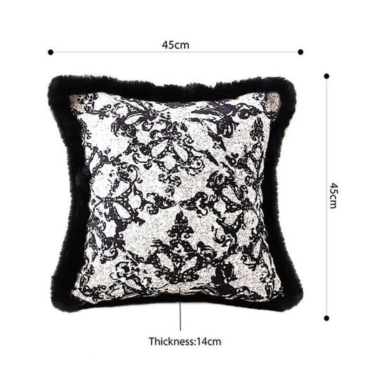 Black and white decorative cushion with 45cm dimensions and 14cm thickness, showcasing quality and affordable homewares.