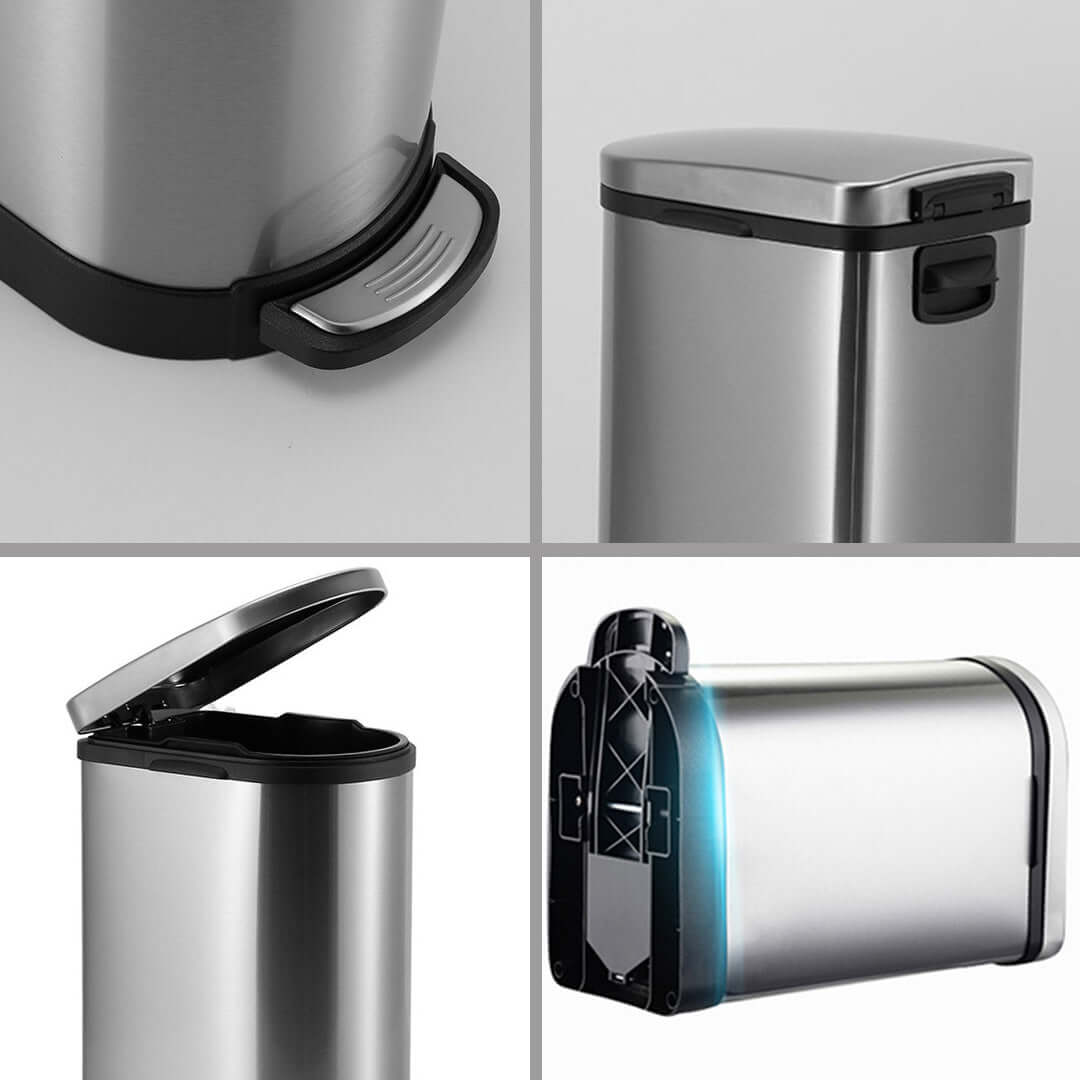 Stainless steel trash cans showcasing different features and angles, highlighting affordable, quality, and value homewares and furniture.