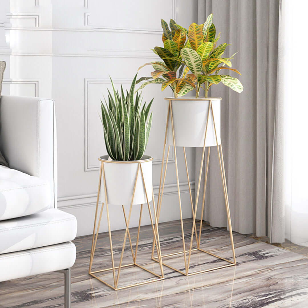 Modern indoor planters with quality metal stands showcasing affordable homewares and value furniture in a stylish living room.