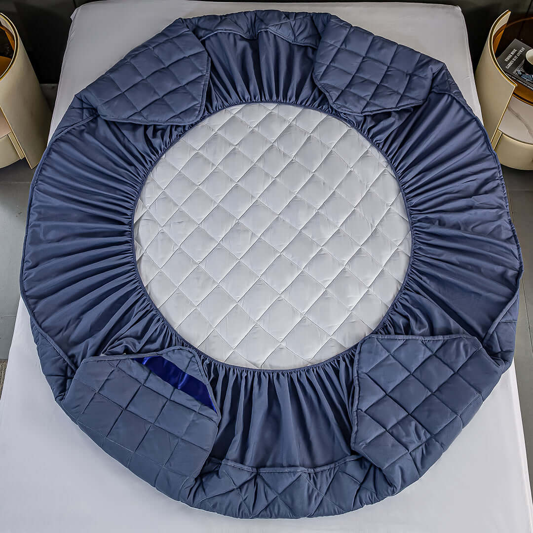 Affordable quality homewares and value furniture, featuring a blue and white round quilted mattress protector