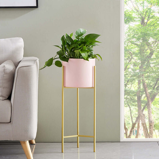 Stylish pink planter with green plant on gold stand in cozy living room space showcasing affordable homewares and quality value furniture.