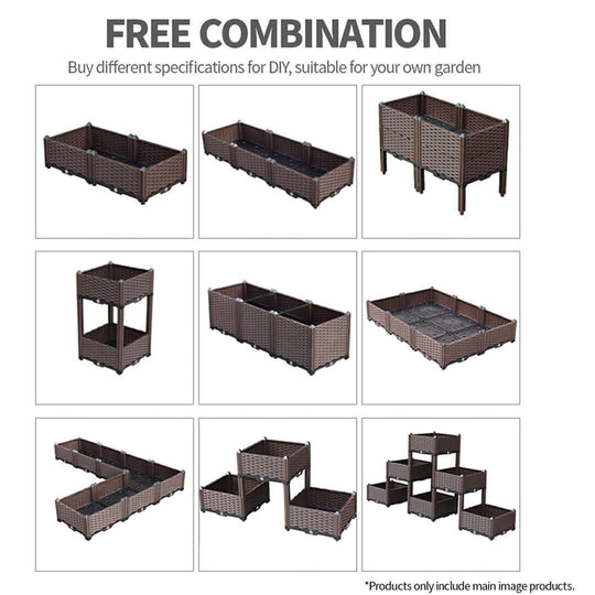 Various configurations of brown DIY garden planters for flexible home gardening.