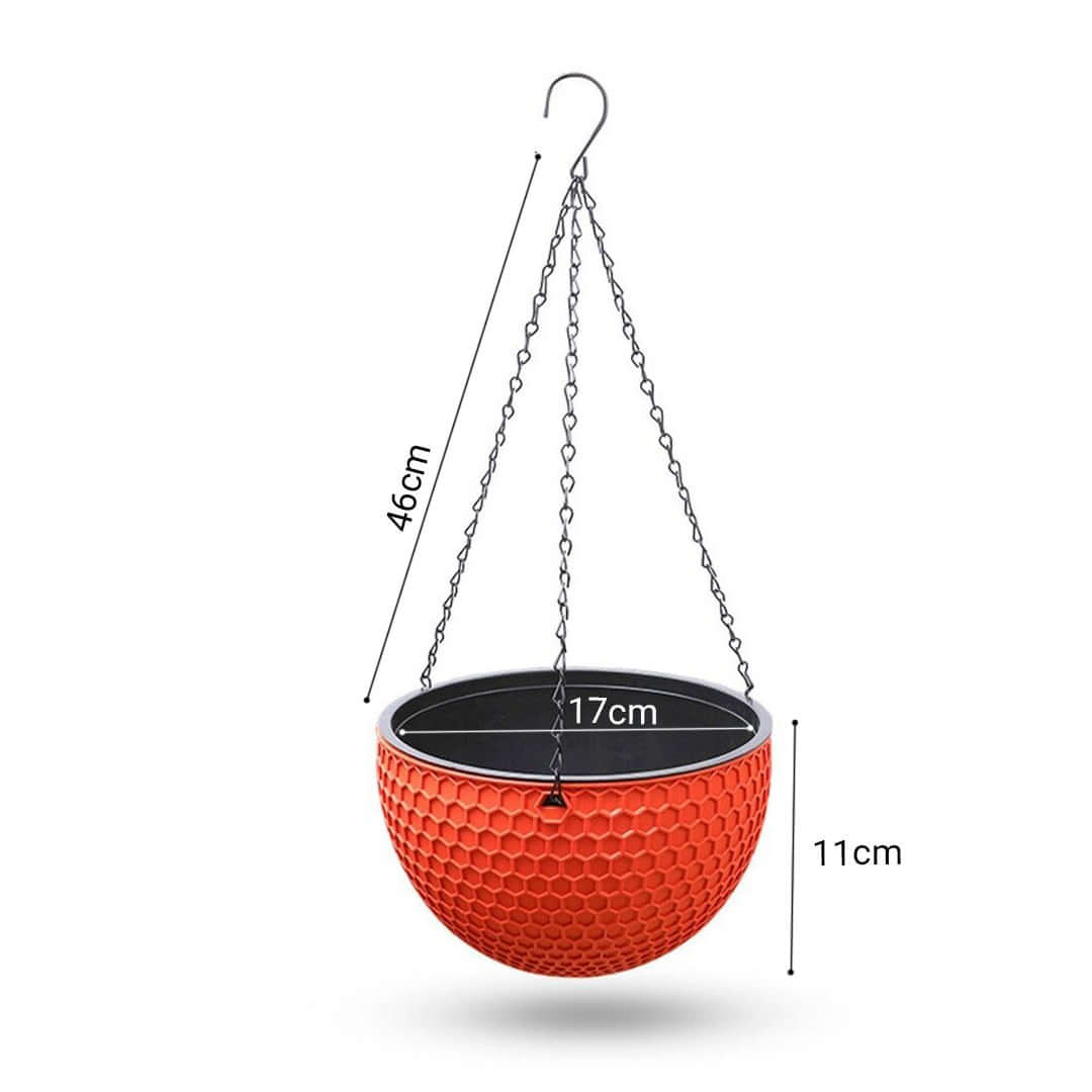 Affordable quality orange hanging planter with chain, ideal for enhancing homewares and value furniture, dimensions 46cm height and 17cm width.