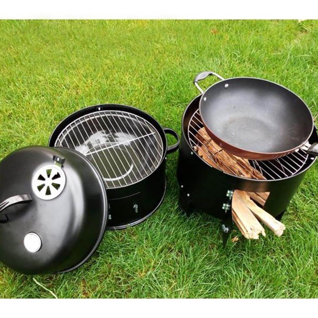 Affordable homeware grill and frying pan setup on grass showcasing quality value furniture for outdoor cooking.