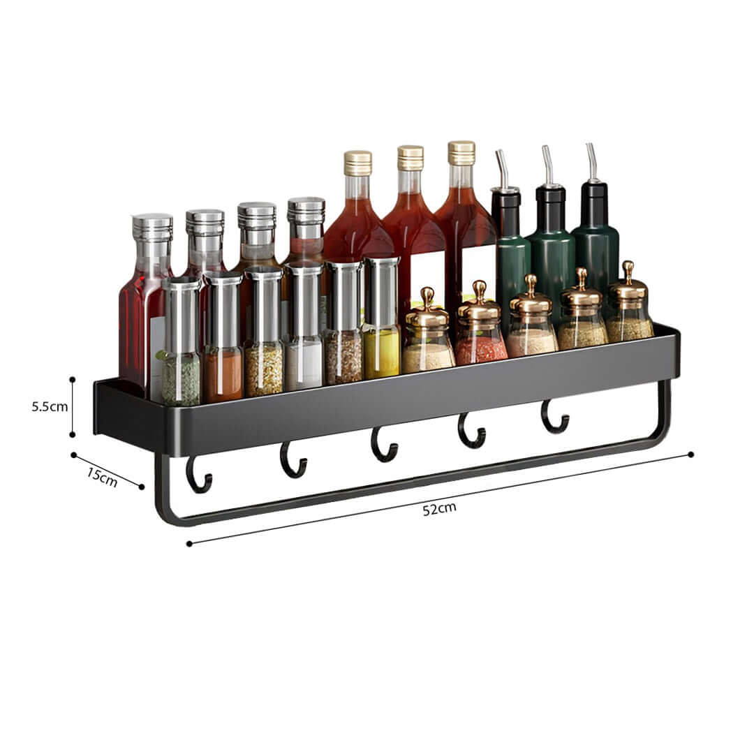 Wall-mounted spice rack with bottles and jars, providing affordable, quality homewares and value furniture