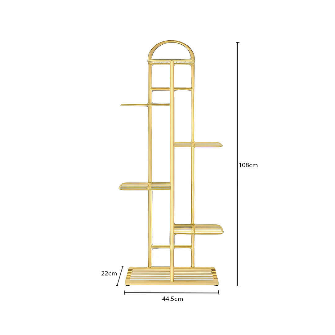 Golden metal shelf unit with multiple tiers, displaying dimensions of 108cm height, 44.5cm width, and 22cm depth. Affordable homewares and quality value furniture.