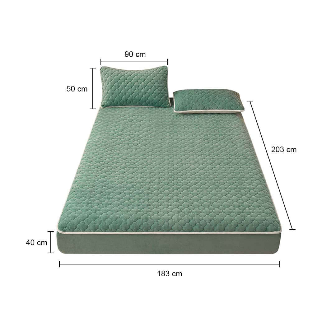 Affordable quality value furniture green mattress with dimensions and two pillows for homewares