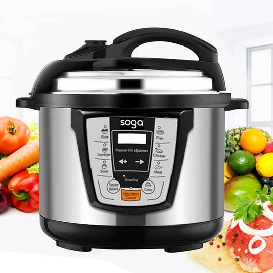 Affordable high-quality Soga pressure cooker for convenient home cooking with fresh vegetables in the background.