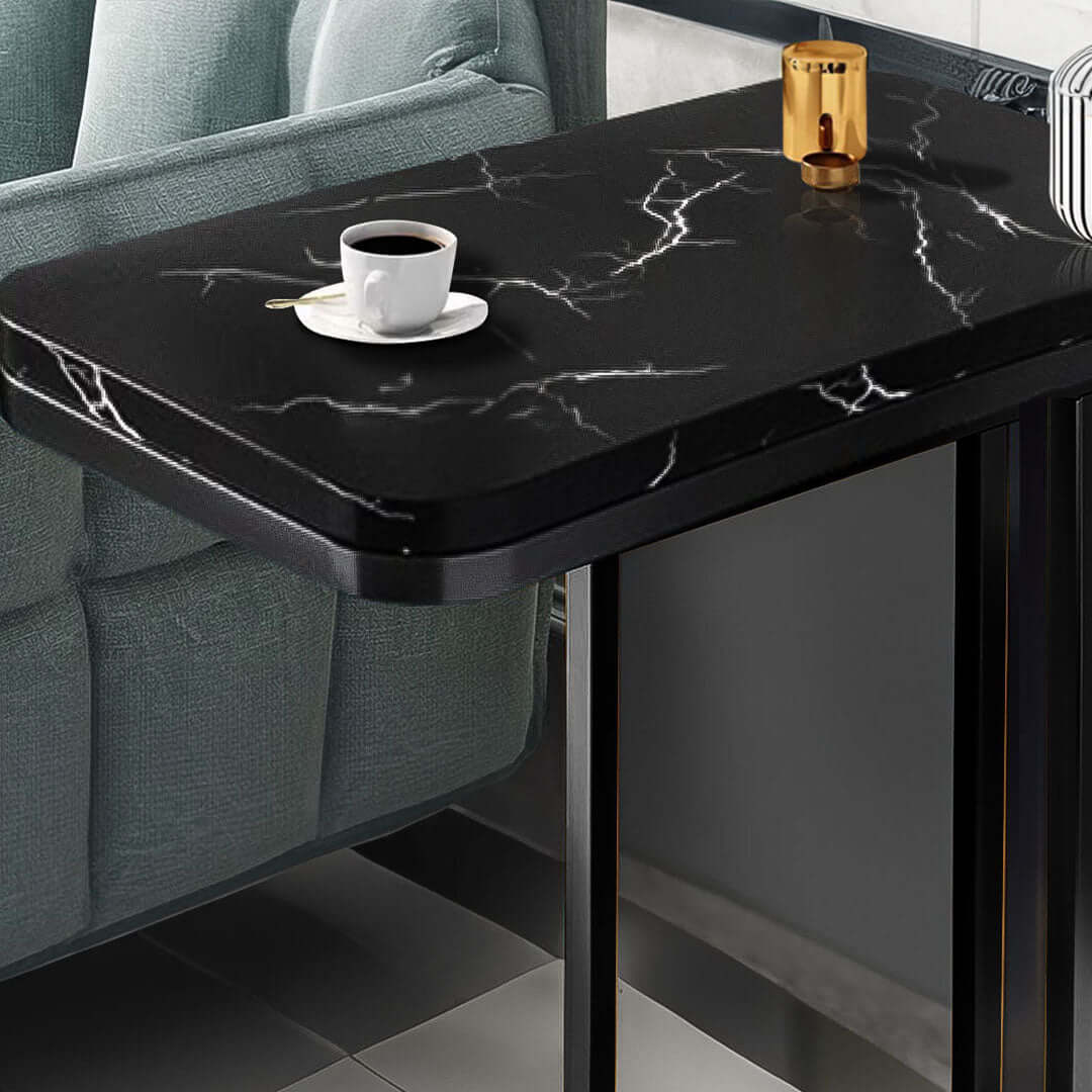 Affordable quality homewares - stylish black marble side table with cup and candle for value furniture.