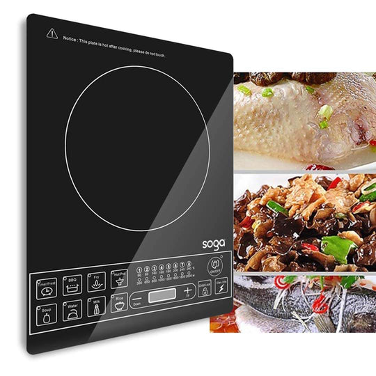 Modern affordable induction cooktop for quality home cooking, featuring diverse meal preparations. Value homeware for efficient kitchen solutions.