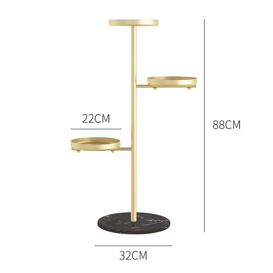 Affordable quality homewares gold plant stand with three tiers and marble base, value furniture piece measuring 88cm in height.