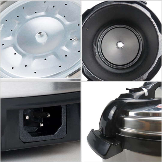 Affordable homeware pressure cooker showing inside detail, plug, and lid, providing quality value furniture kitchen essentials.