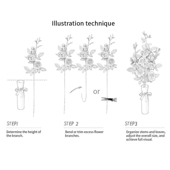 Illustration technique showing three steps to arrange flowers in a vase: determine height, trim branches, and adjust stems for a full look.