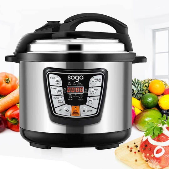 Soga electric pressure cooker with LED display, surrounded by fresh vegetables, perfect for affordable home-cooked meals using quality, value appliances.