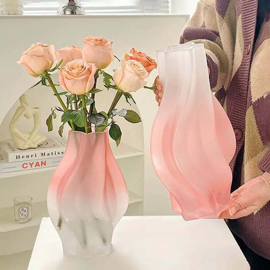 Stylish pink and white frosted glass vases with roses, showcasing affordable, quality homewares for adding value furniture to your home decor.