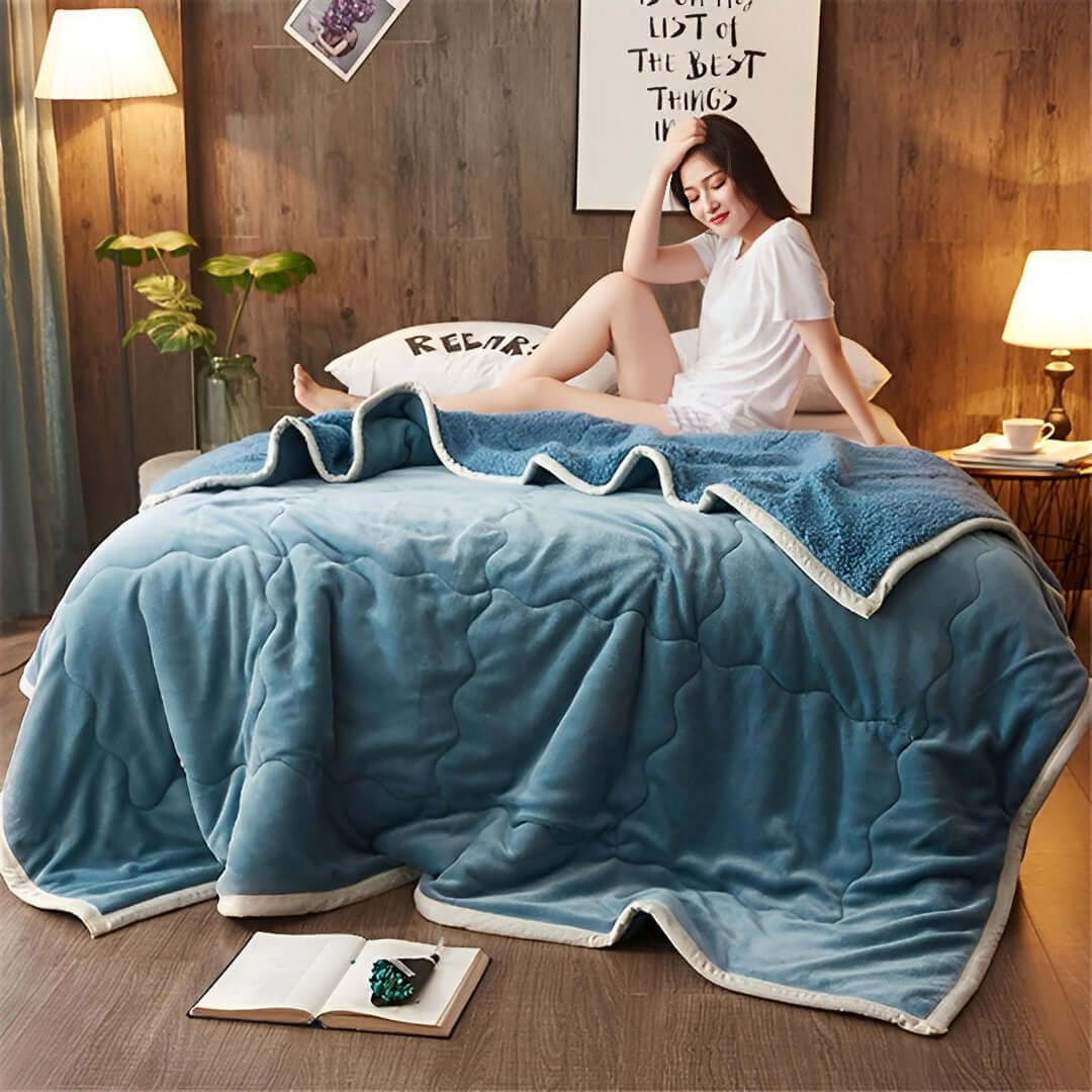 Woman relaxing on a bed with a blue plush blanket in a cozy, warmly lit room decorated with affordable quality homewares and value furniture.