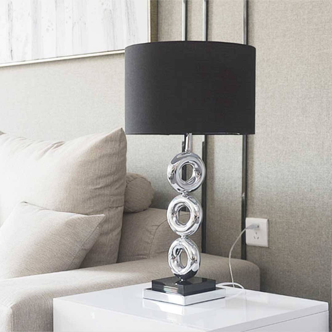 Stylish black lampshade on modern chrome base, affordable homewares, quality value furniture, home decor, elegant lighting fixture.