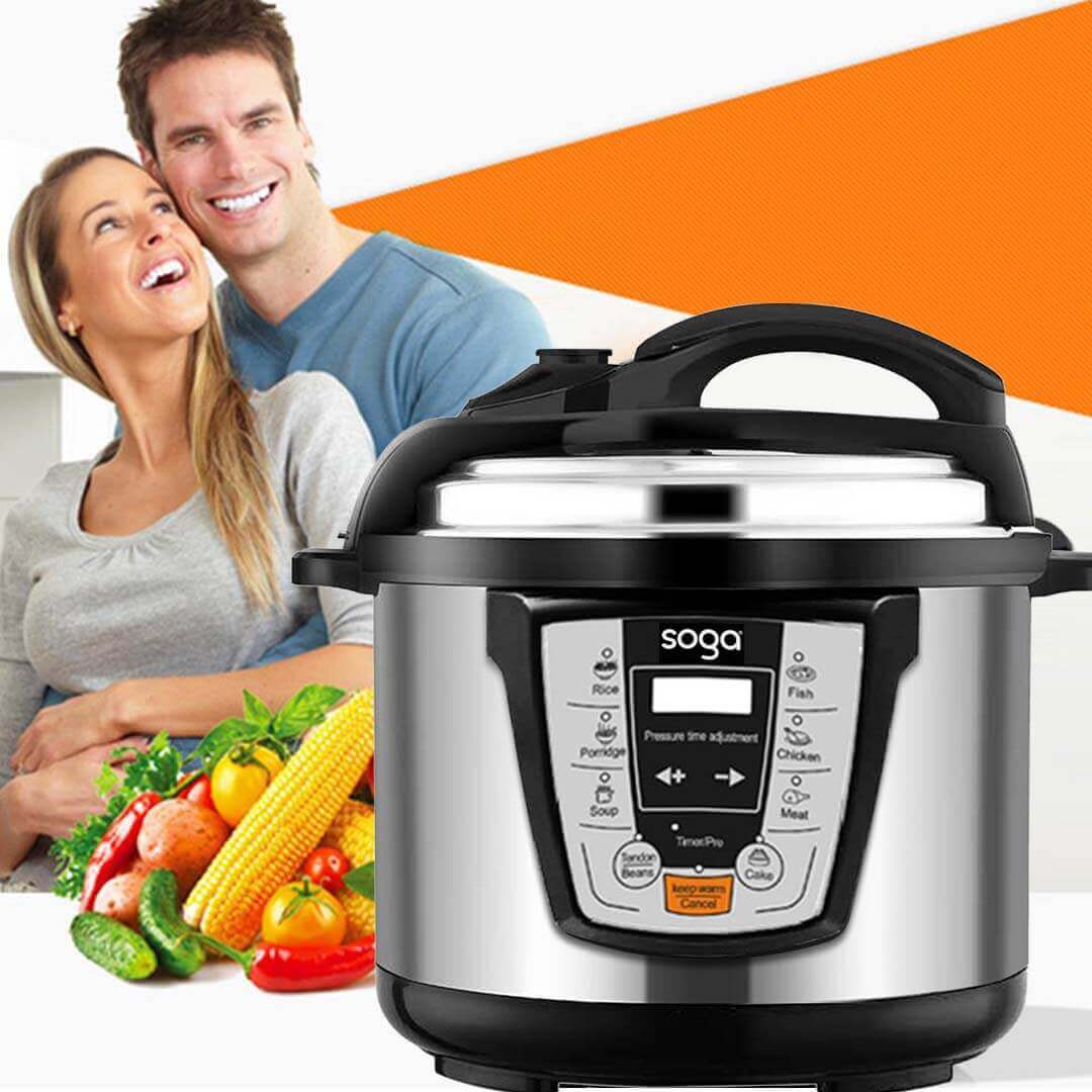 Couple in kitchen with SOGA pressure cooker and fresh vegetables, representing affordable quality homewares and value furniture.